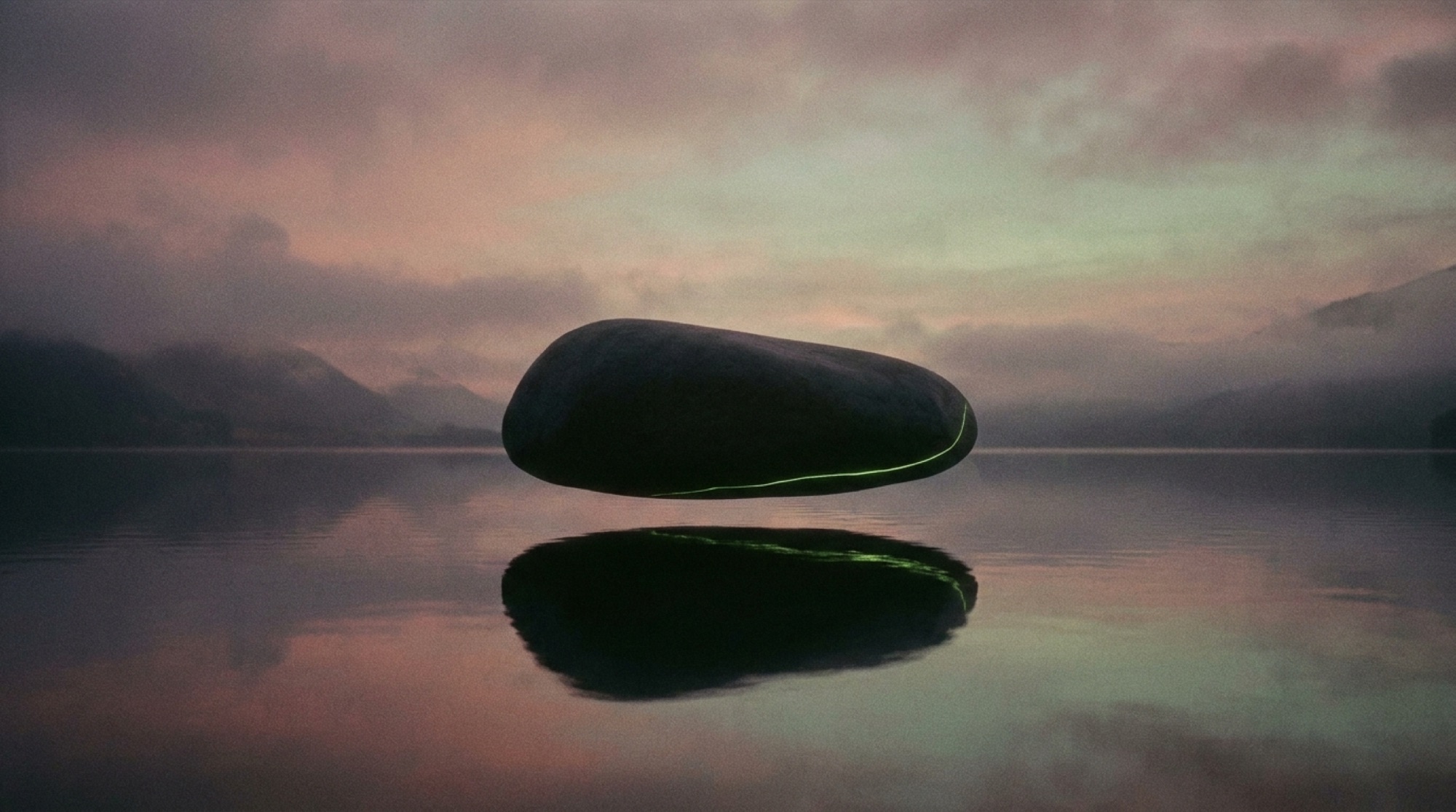 A stone floating over a still lake at dusk